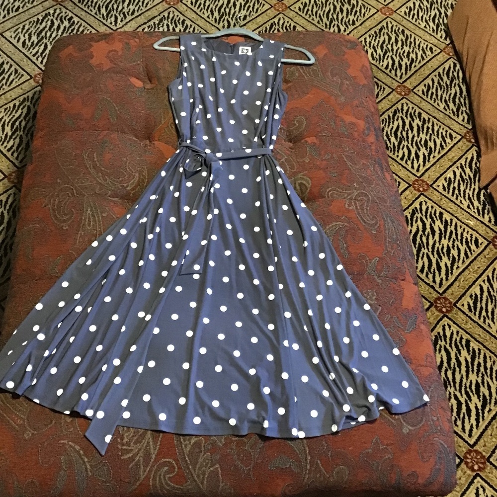 Anne Klein Charcoal Gray and White Polka Dot sleeveless dress Size 10